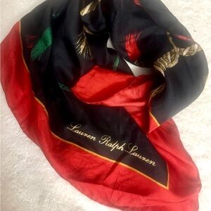 LAUREN RALPH LAUREN Silk Scarf Classic Logo Rope Design  Red Black Gold 18” NWOT